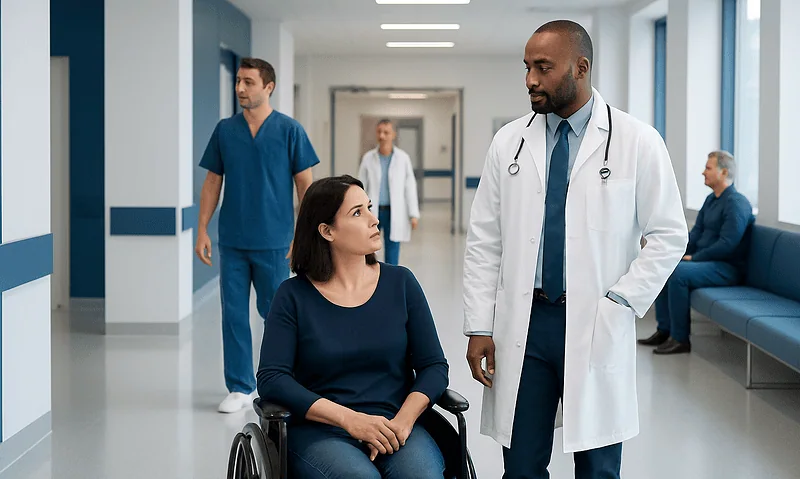 Doctor consulting female patient in hospital corridor with staff in background.