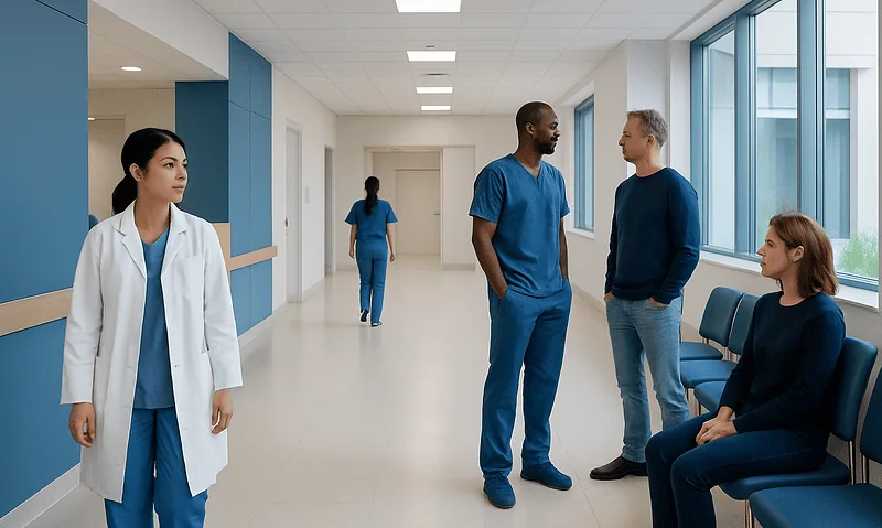 Medical staff and patients in a hospital corridor at Acibadem Hospitals Group.