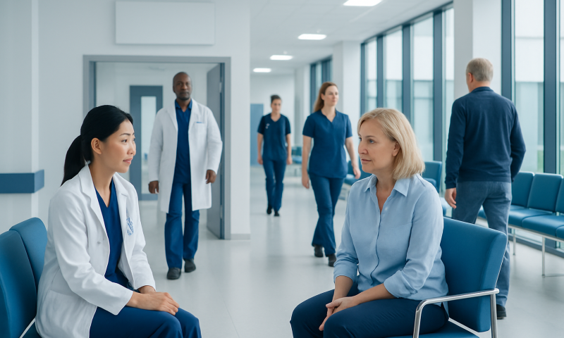 Medical consultation in a hospital corridor with healthcare professionals and a patient.