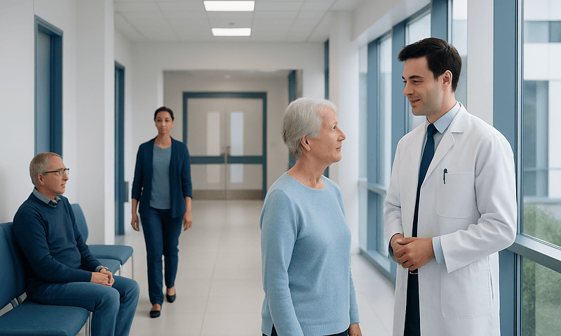 Doctor talking to elderly patient in hospital corridor with visitors in background.