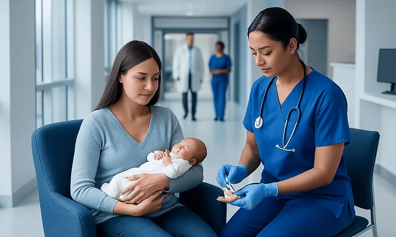 Newborn baby being examined by a nurse in a hospital setting.