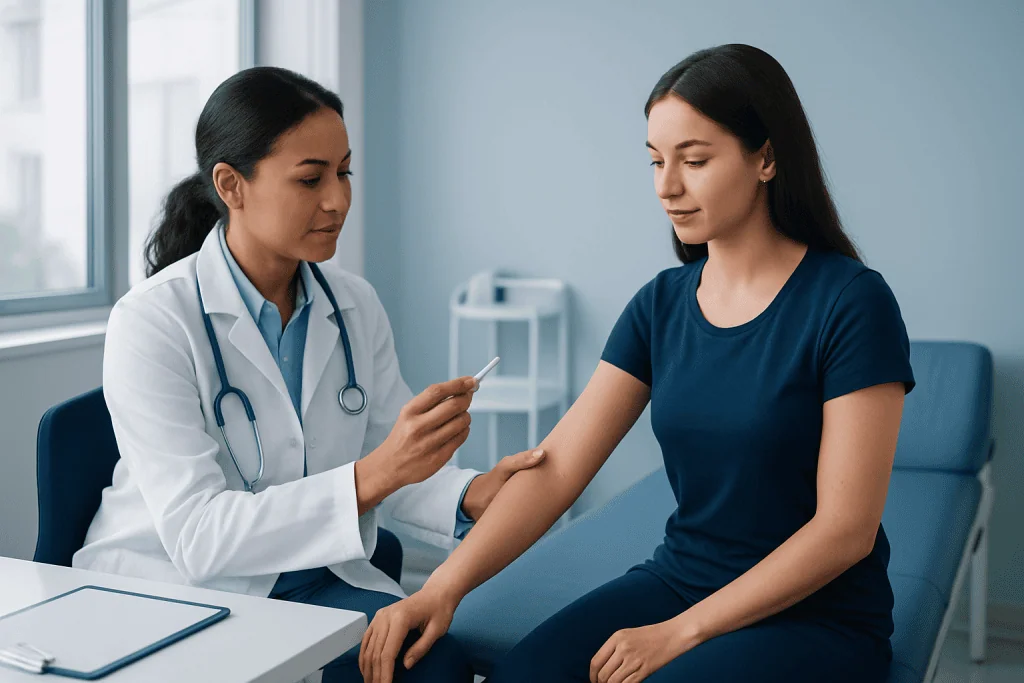 Doctor applying contraceptive implant to patient's arm in clinic setting.