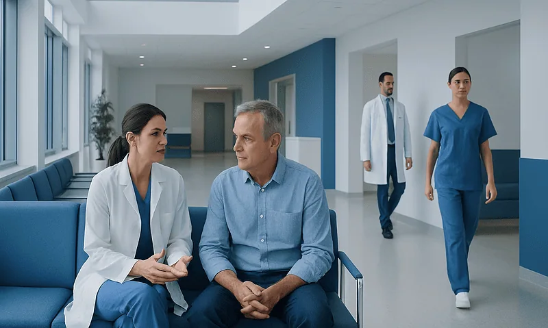 Medical professionals consulting with a patient in a hospital corridor.
