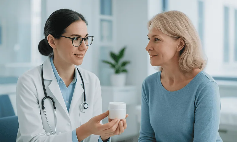 Doctor explaining skincare product to a patient in a clinic setting.