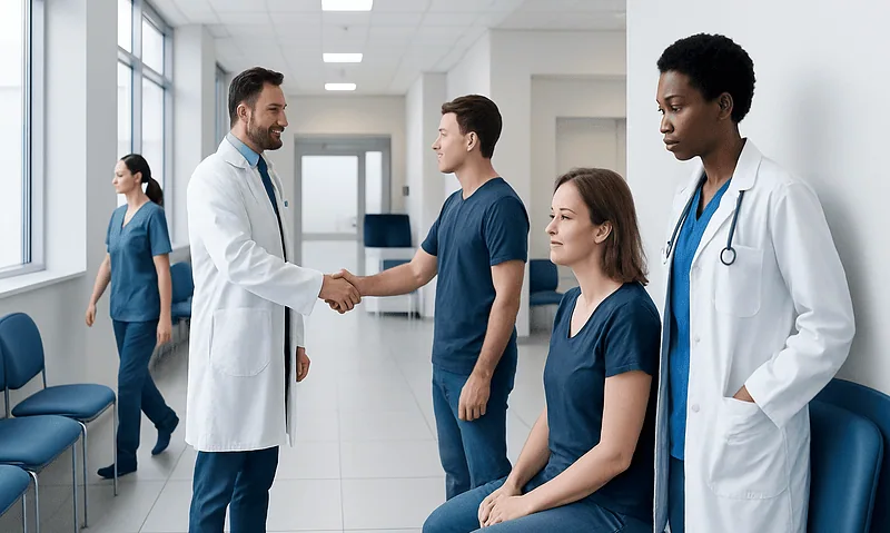 Doctor shaking hands with patient in hospital corridor.
