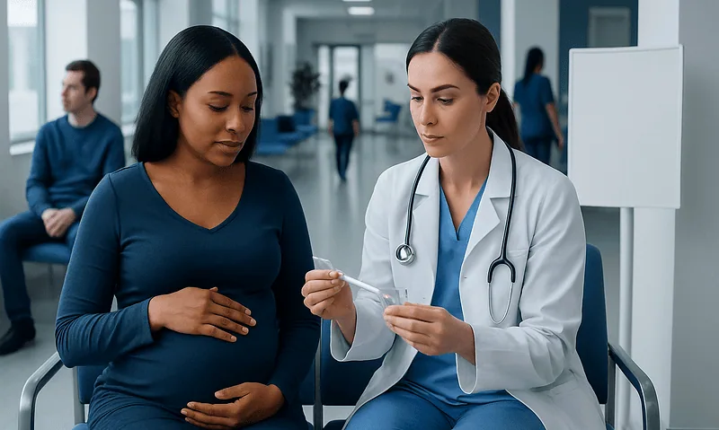 Pregnant woman consulting with a doctor in a hospital corridor.