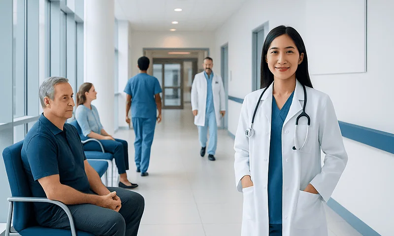 Healthcare professionals and patients in a hospital corridor.