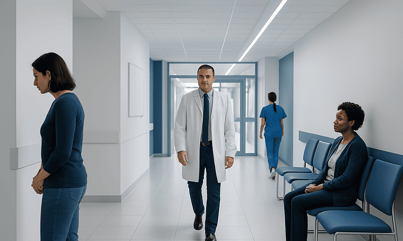 Doctor walking in hospital corridor with patients waiting.
