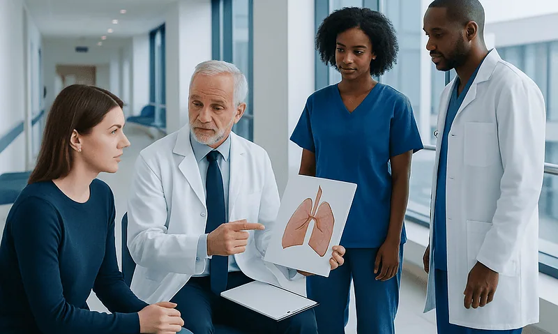 Medical team discussing lung health with patient in hospital corridor.