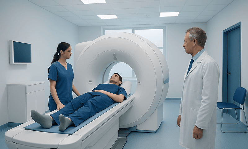 Patient undergoing MRI scan at Acibadem Hospital with medical staff present.