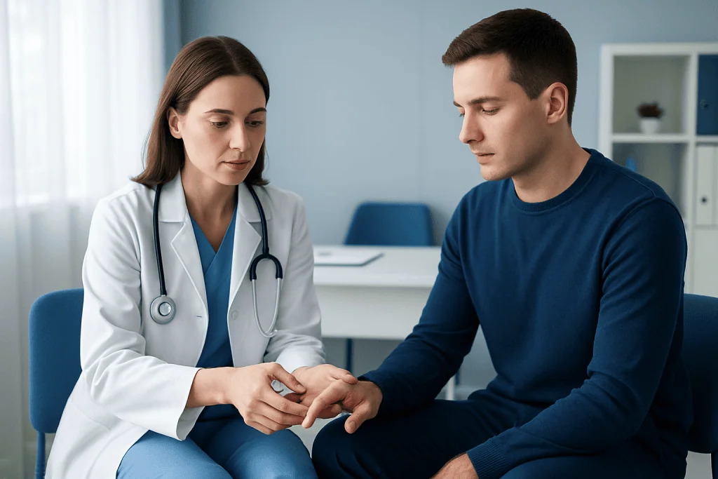 Doctor examining patient's hand in a medical consultation room.