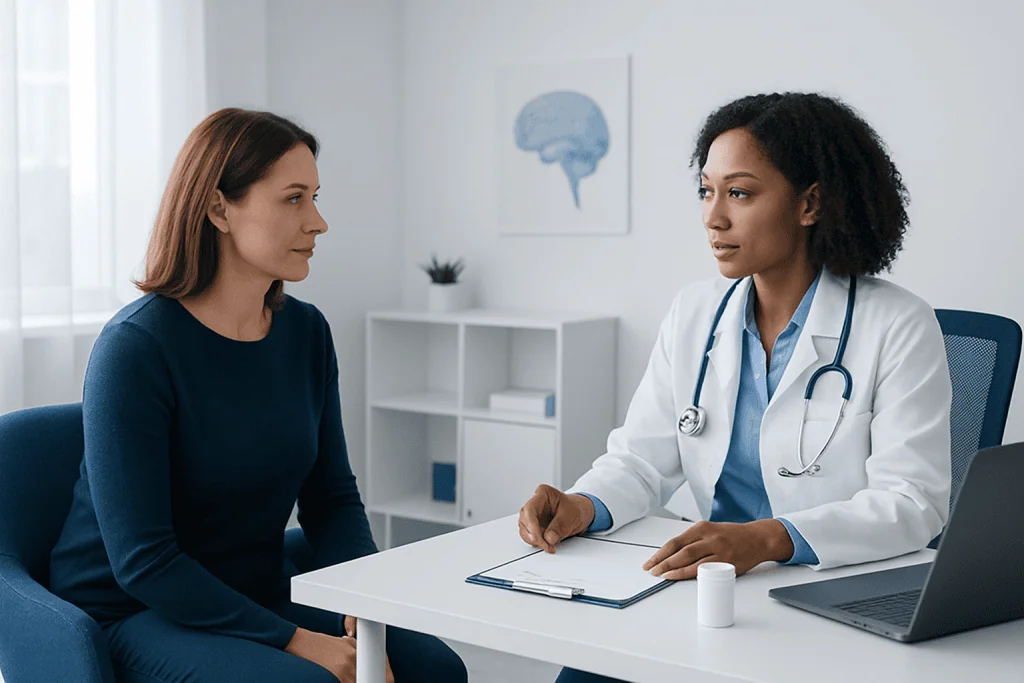 Doctor consulting with a patient in a medical office setting.