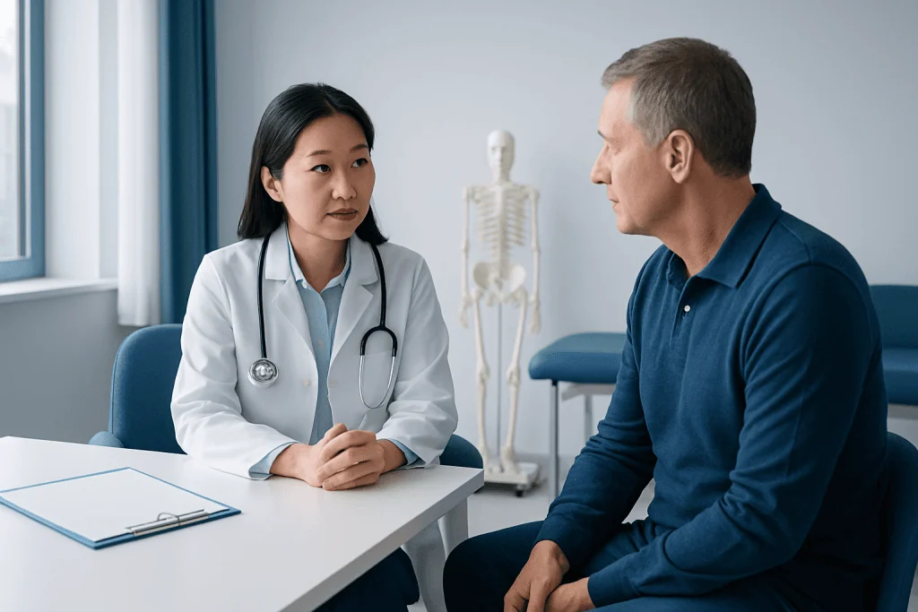 Doctor consulting with a patient in a medical office with a skeleton model in background.