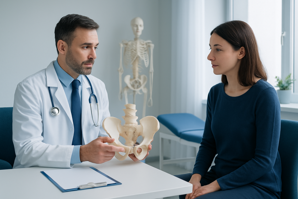 Doctor explaining pelvic anatomy to patient in medical consultation room.