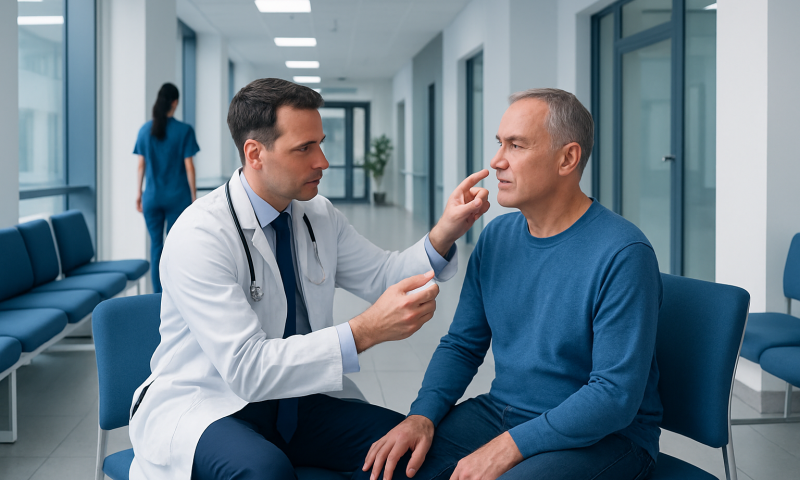 Non Surgical Skin Cancer Treatment: Procedure, Recovery and Results 8 Doctor examining a male patient in a hospital corridor.