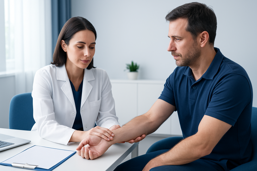 Doctor examining patient's arm for radial tunnel syndrome diagnosis.