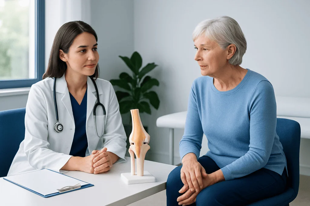 Doctor explaining knee joint health to an elderly woman in a clinic.