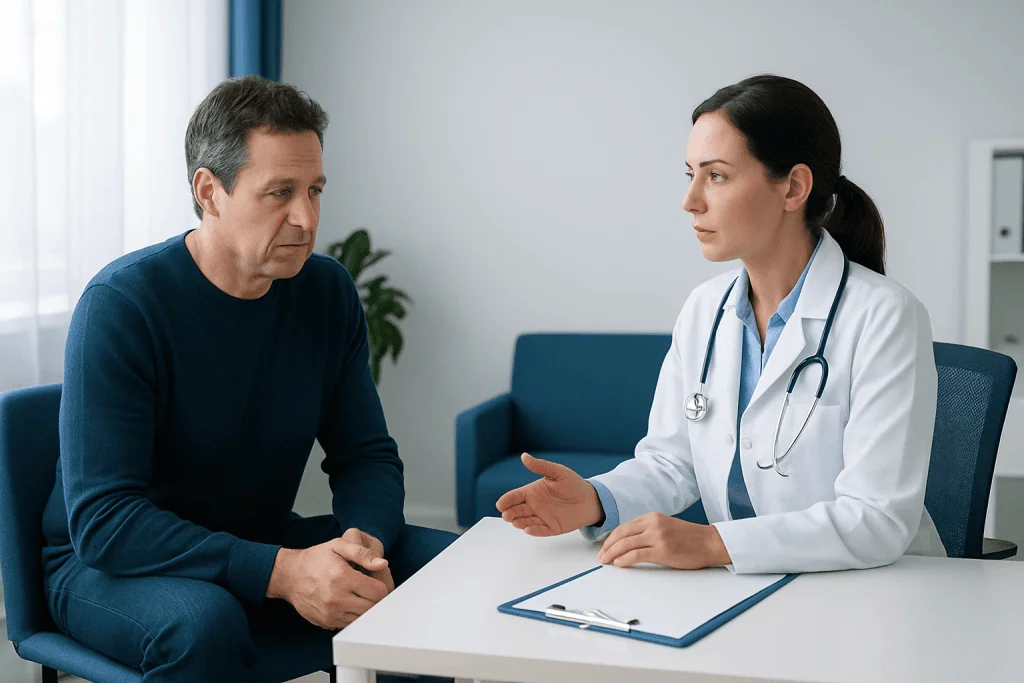Doctor consulting with male patient in a medical office setting.