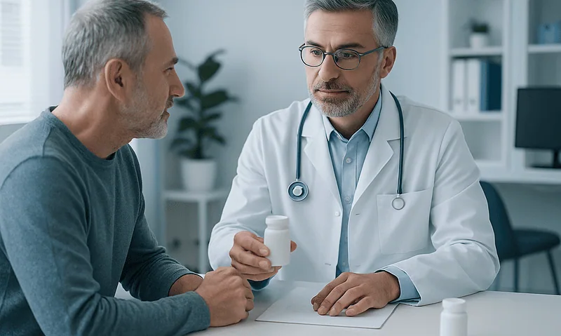 Doctor consulting with an elderly patient about medication in a clinic.