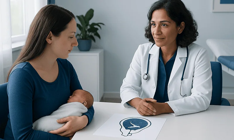 Placenta After Childbirth — Explained by Medical Evidence, Not Myths 5 Doctor explaining postpartum health to new mother with baby.