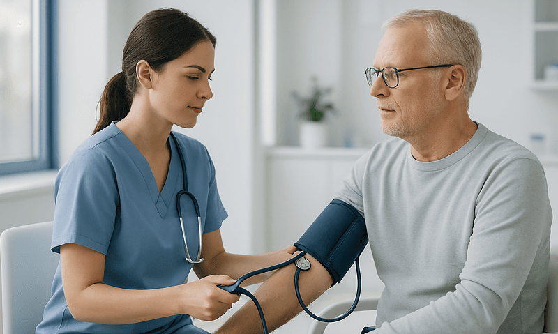 Healthcare professional measuring blood pressure of an elderly man.