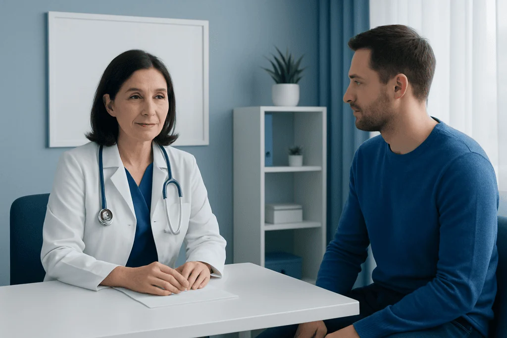Doctor consulting with a patient in a modern medical office.