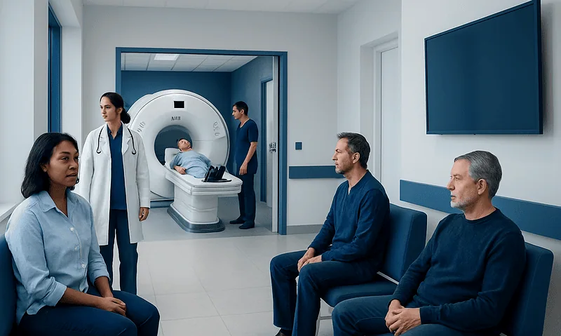 Patients and medical staff in MRI room at Acibadem Hospitals Group.