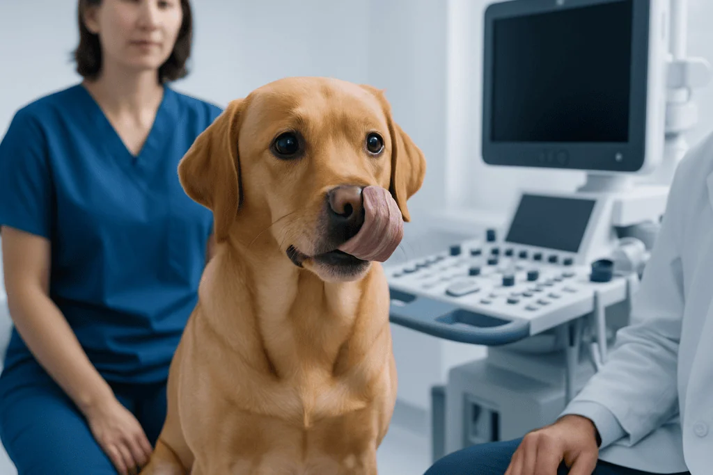 Dog licking lips during veterinary examination at Acibadem Hospital.