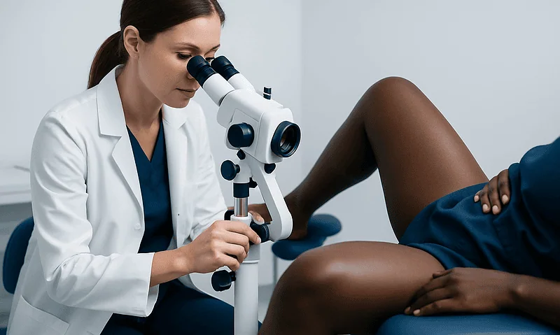 Gynecologist examining patient with microscope in clinic setting.