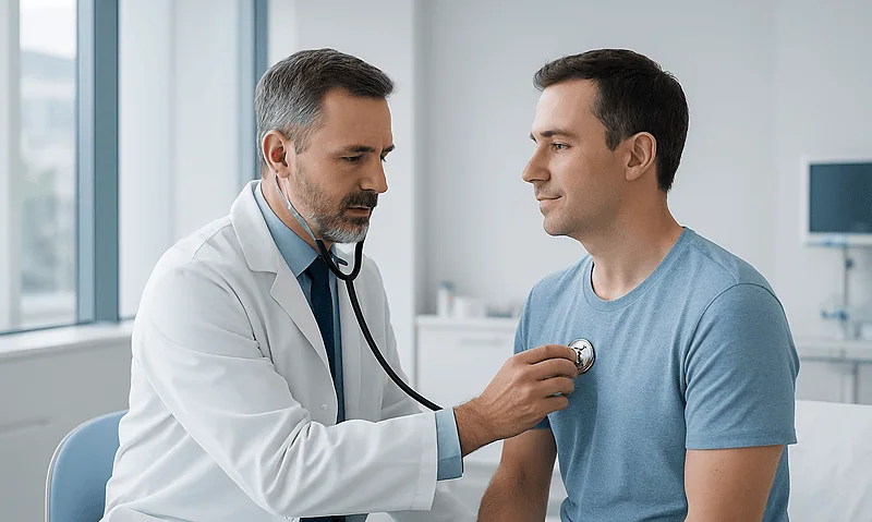 Doctor checking patient's heart with stethoscope in clinic.
