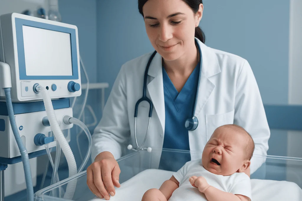 Pediatrician examining a crying newborn in hospital setting.