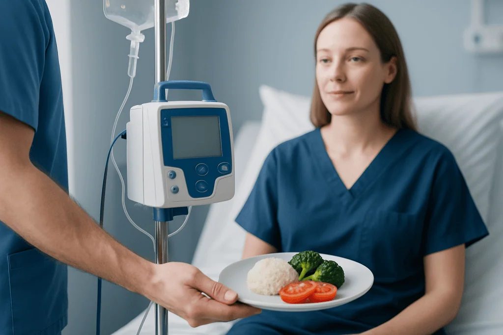 Patient in hospital bed receiving meal from healthcare professional.