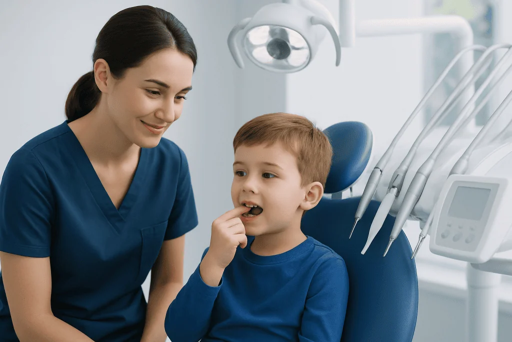 Pediatric dentist examining a young boy's loose tooth in a dental clinic.