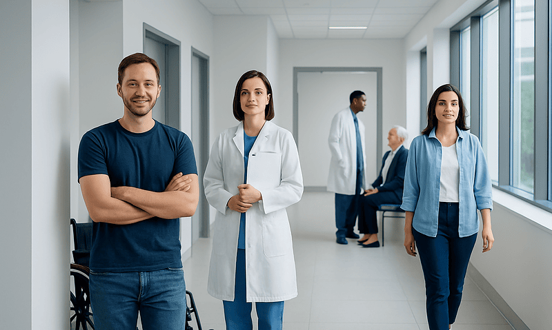 Medical professionals and patients in a hospital corridor at Acibadem Hospitals Group.