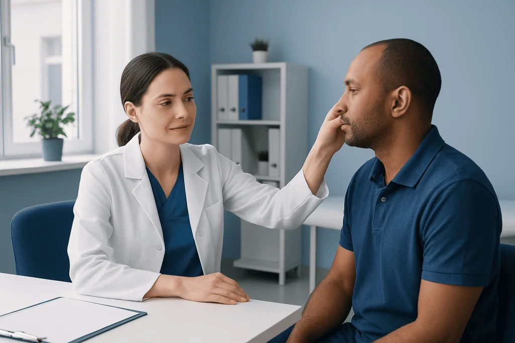 Doctor examining patient's ear in a medical consultation room.