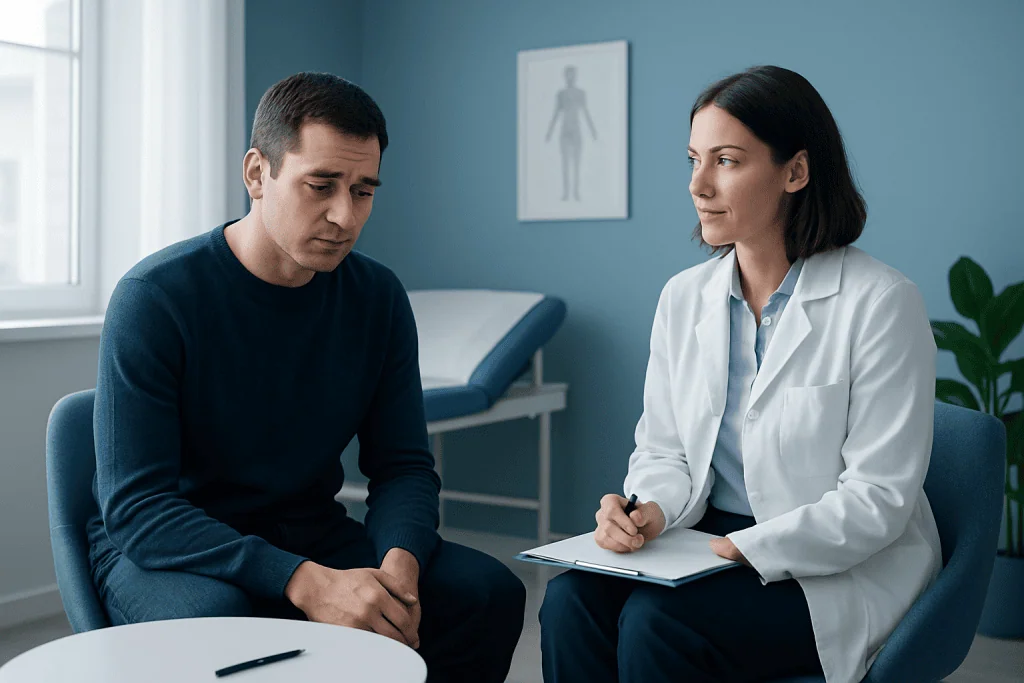 Patient discussing health concerns with doctor in a medical consultation room.