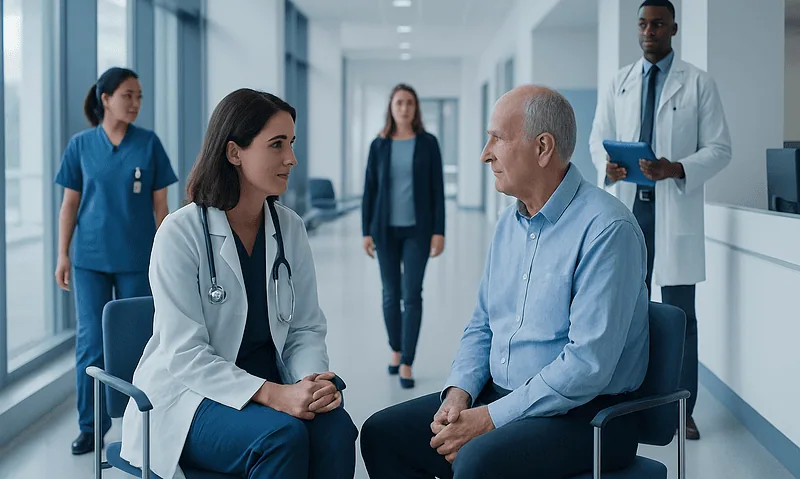 Medical consultation in hospital corridor with healthcare professionals and patient.