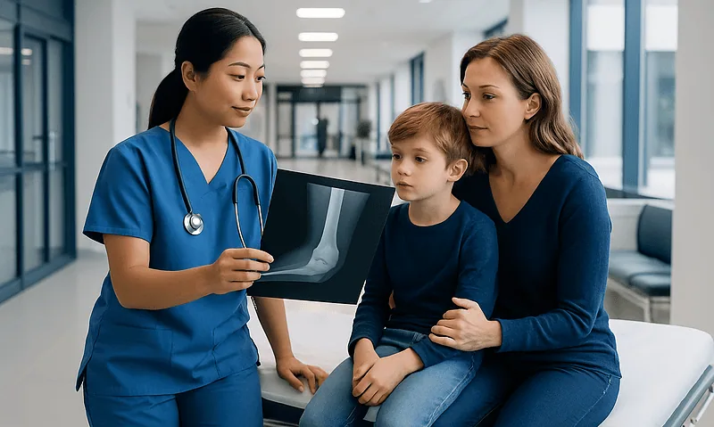 Pediatric doctor explaining X-ray to young patient and mother in hospital corridor.
