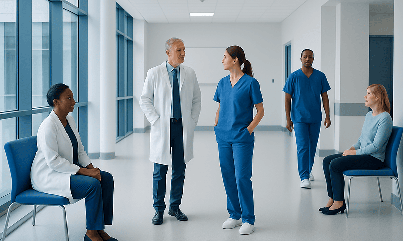 Medical team discussing patient care in hospital corridor.