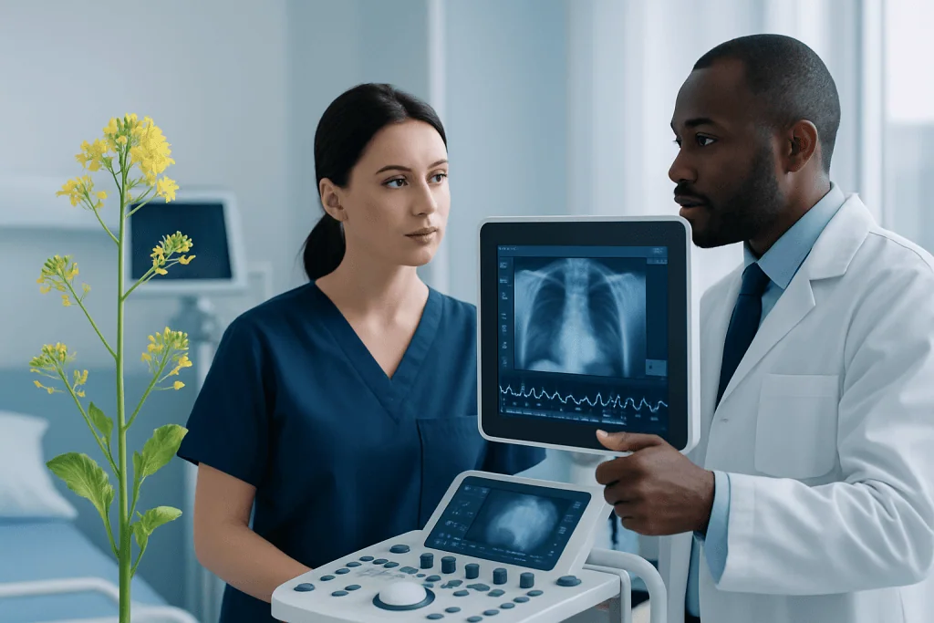 Medical professionals review chest X-ray in a hospital setting.