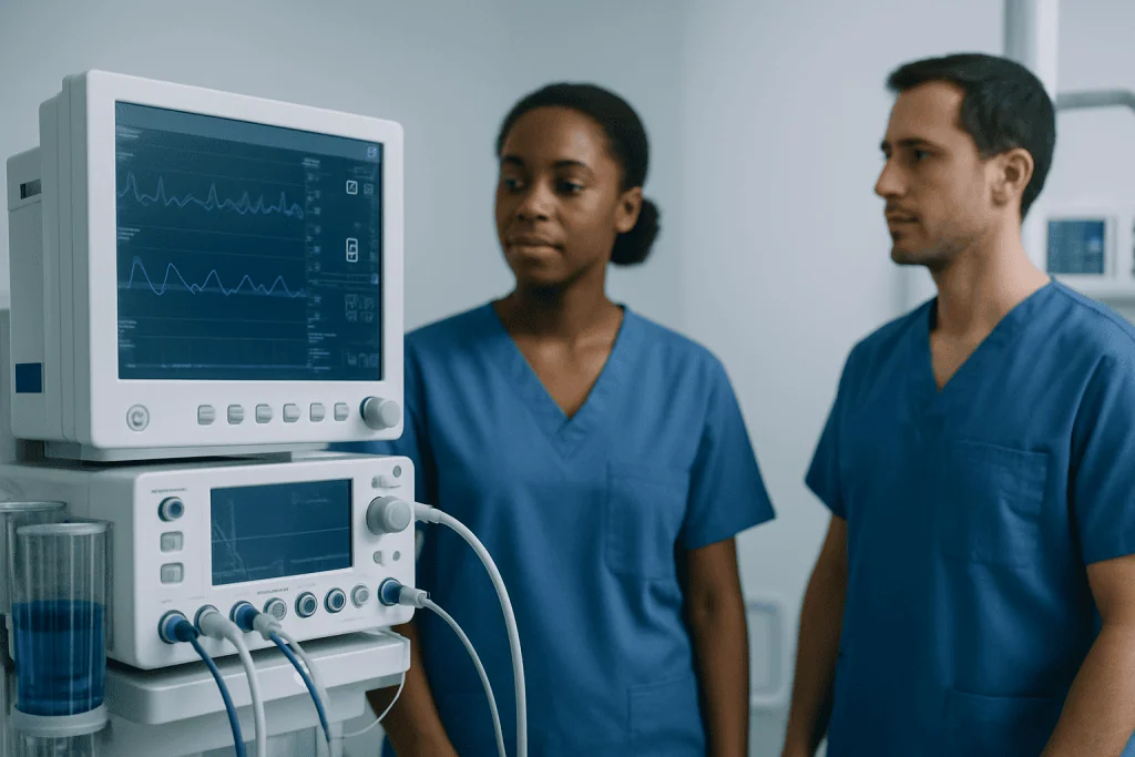 Medical professionals monitoring patient vital signs with a heart rate monitor.
