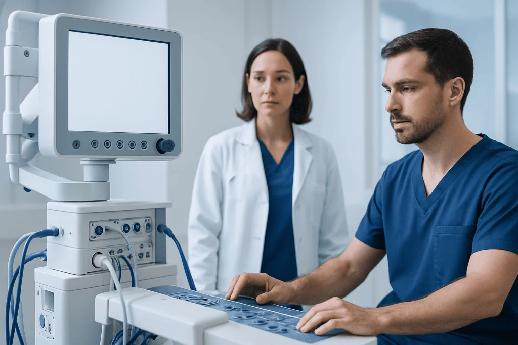 Medical professionals operating ultrasound equipment in a hospital setting.