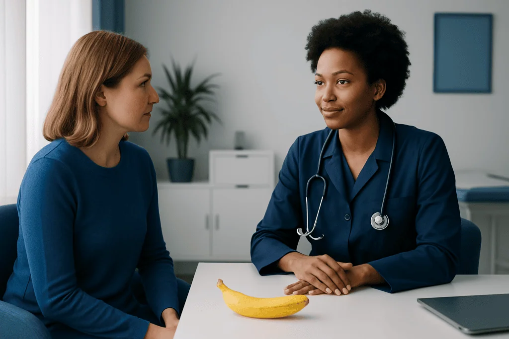 Doctor consulting with patient about health at clinic.