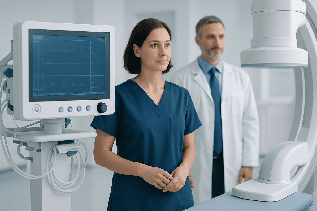 Medical professionals in a hospital with advanced diagnostic equipment.