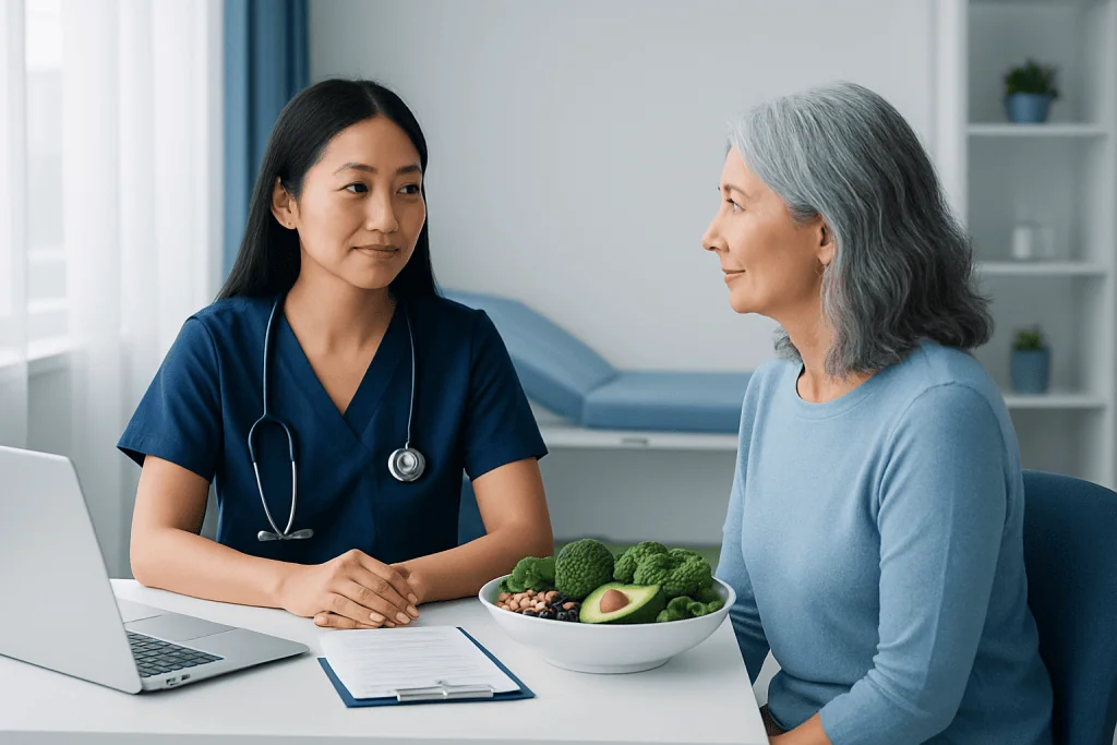 Healthcare professional consulting elderly woman about health in a clinic.