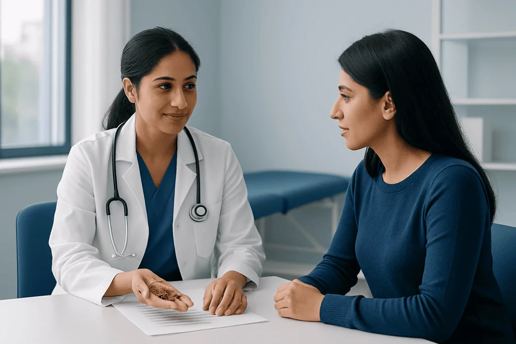 Doctor explaining health advice to a patient in a clinic setting.