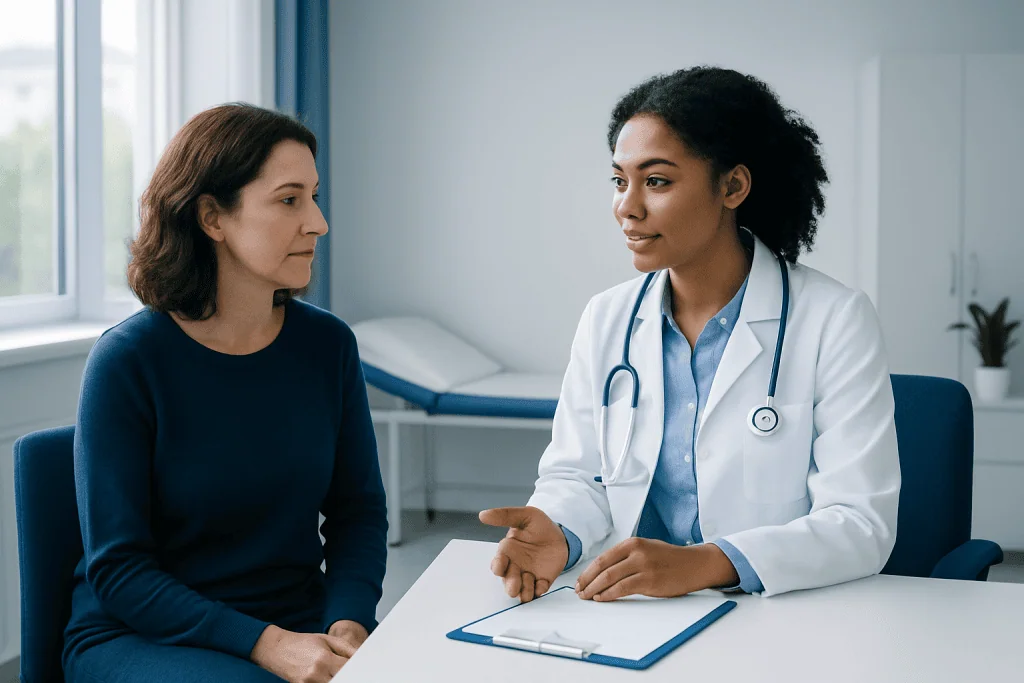 Doctor consulting with a female patient in a medical office.