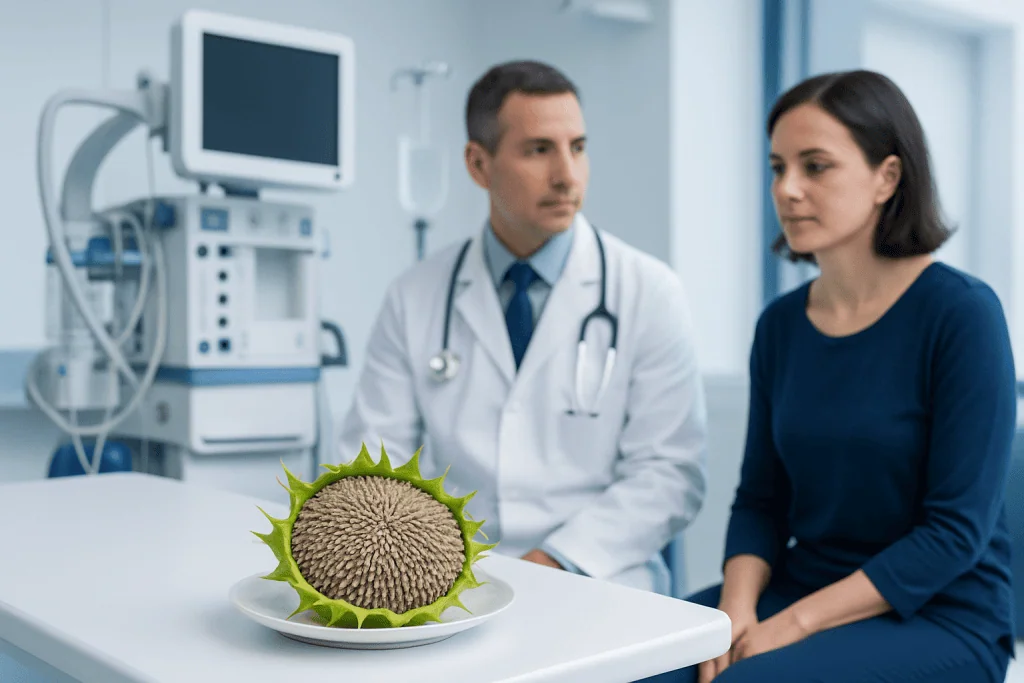 Doctor and patient discussing sunflower seed health in hospital room.