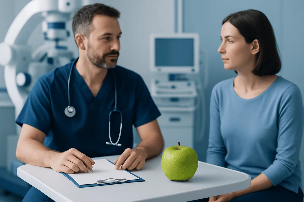 Doctor consulting with a patient in a medical office with an apple on the table.