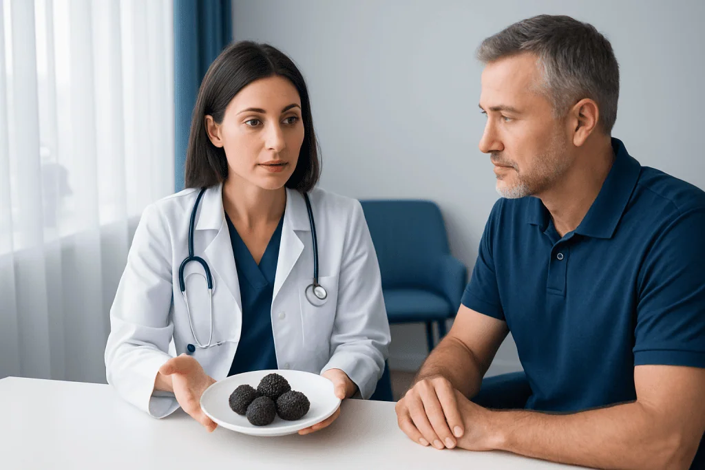 Doctor explaining black truffles to a patient in a consultation room.